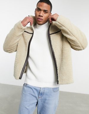 ASOS DESIGN sherpa jacket with tape detail in ecru-White ASOS DESIGN sherpa jacket with tape detail in ecru-White