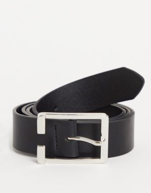 ASOS DESIGN slim belt in black faux leather with silver buckle detail ASOS DESIGN slim belt in black faux leather with silver buckle detail