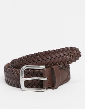 ASOS DESIGN slim braided belt in dark brown faux leather ASOS DESIGN slim braided belt in dark brown faux leather