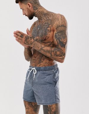 ASOS DESIGN swim shorts in short length navy acid wash ASOS DESIGN swim shorts in short length navy acid wash