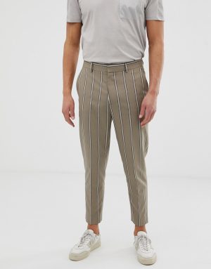 ASOS DESIGN tapered crop smart pants in beige with pin stripe-Gray ASOS DESIGN tapered crop smart pants in beige with pin stripe-Gray
