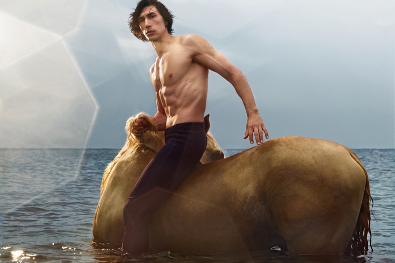 Riding a horse, a shirtless Adam Driver appears in the new Burberry Hero fragrance campaign.