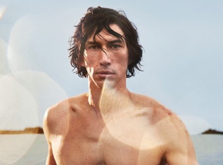 Emerging from the water shirtless, Adam Driver stars in the Burberry Hero fragrance campaign.