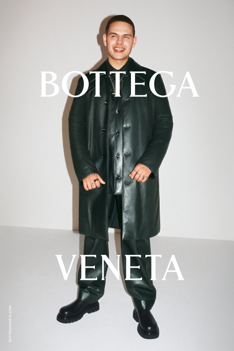 All smiles and clad in leather, Slowthai stars in Bottega Veneta's pre-fall 2021 Wardrobe men's 02 campaign.
