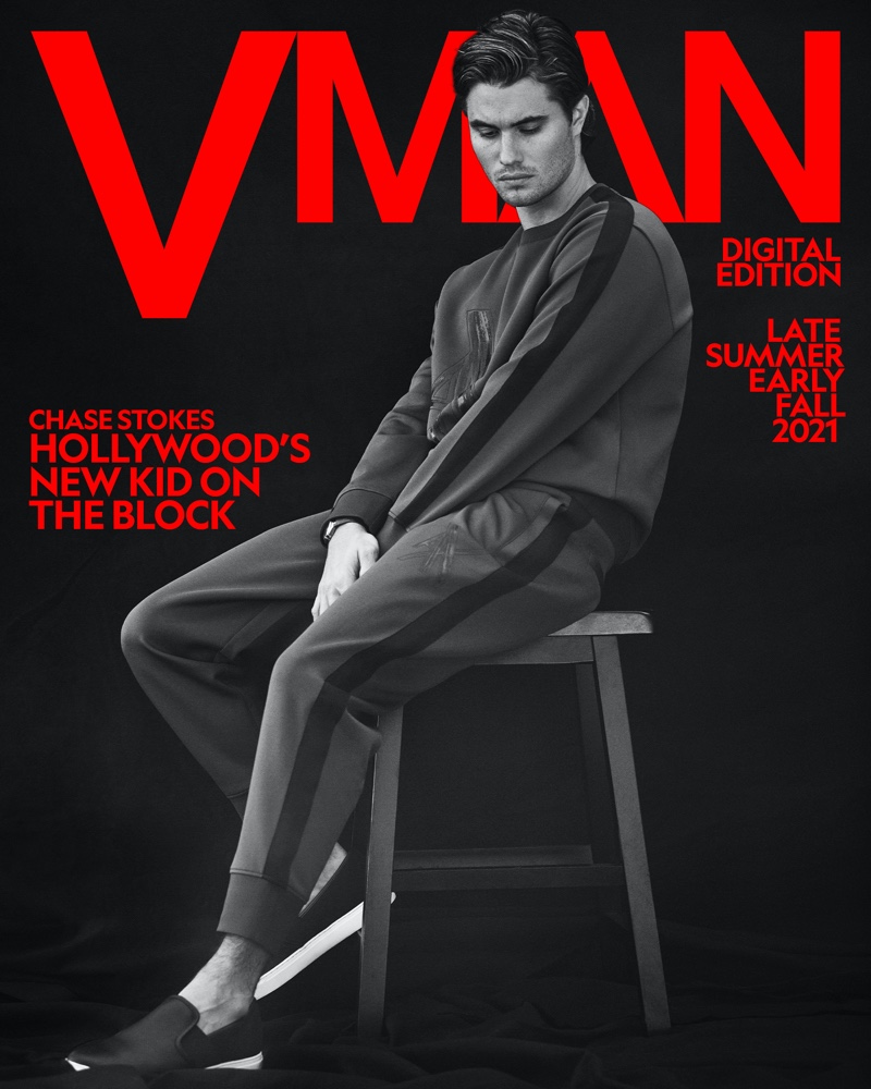 Embracing sporty style for VMAN, Chase Stokes dons a matching sweatshirt and joggers with slip-on sneakers by Armani Exchange. » Chase Stokes Covers VMAN, Dishes on 'Outer Banks' New Season Embracing sporty style for VMAN, Chase Stokes dons a matching sweatshirt and joggers with slip-on sneakers by Armani Exchange.