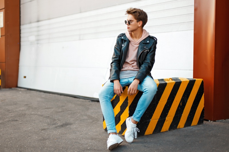 Guy Casual Outfit Leather Jacket Hoodie Jeans Sneakers