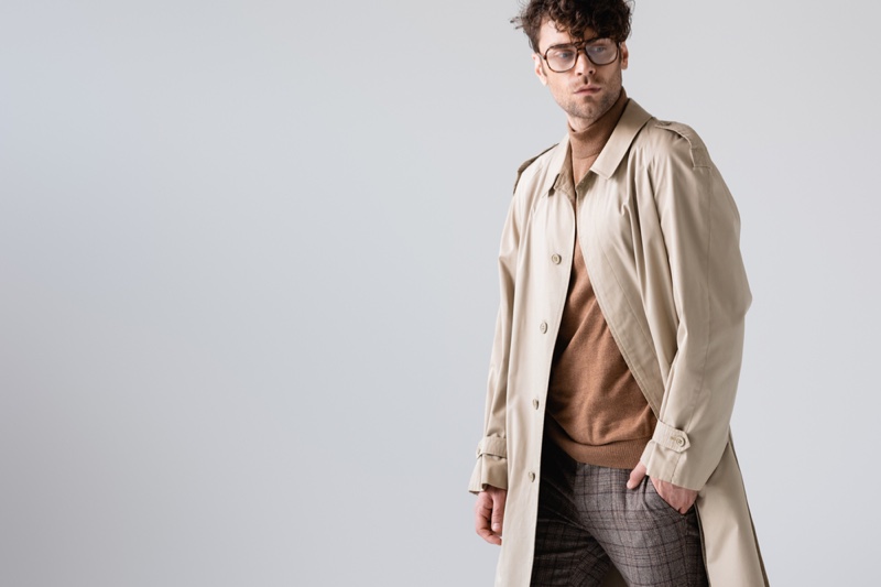 Male Model Trench Coat Mock Neck Shirt Outfit