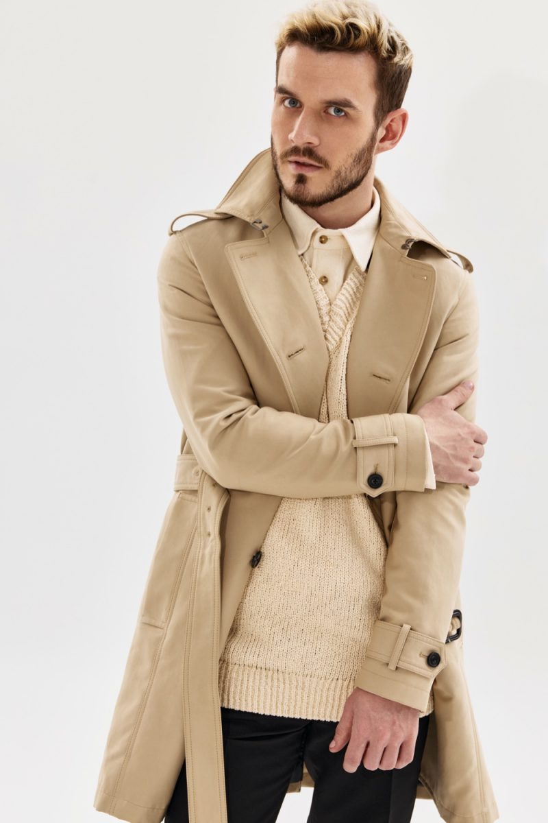 Male Model in Stylish Trench and Cream Colors