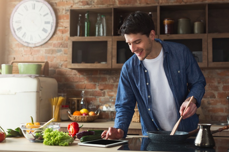 Man Cooking Healthy Food Kitchen