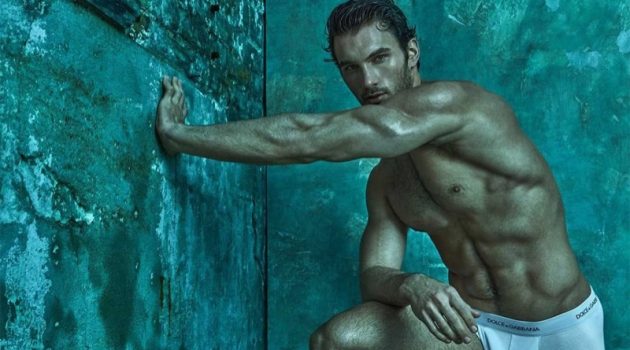 Michael Yerger Fronts Dolce & Gabbana Underwear Outing Stretching, Michael Yaeger models white Dolce & Gabbana underwear.