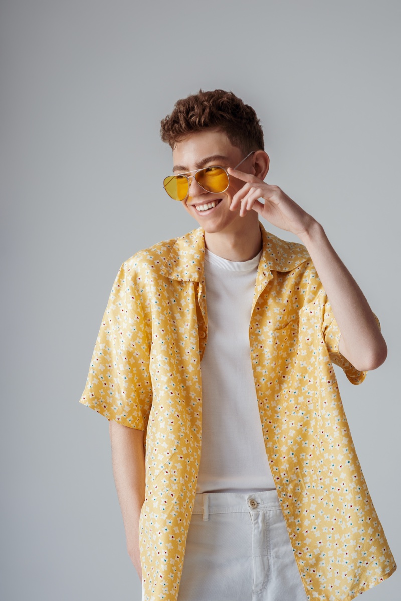 Smiling Male Short Sleeve Yellow Shirt Sunglasses Style