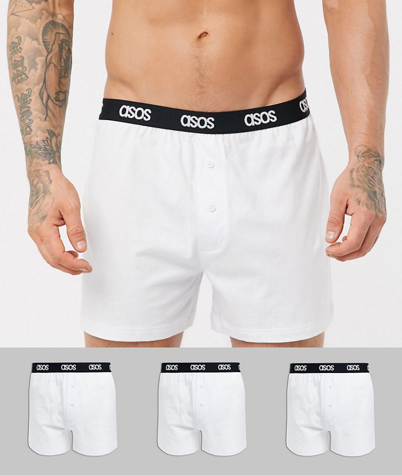 ASOS DESIGN 3 pack jersey boxers in white with branded waistband saving