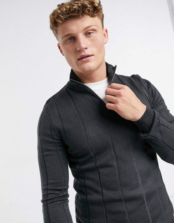 ASOS DESIGN knitted wide rib half zip sweater in charcoal-Grey | The