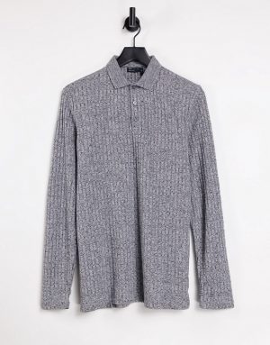 ASOS DESIGN long sleeve polo shirt in interest rib-Grey ASOS DESIGN long sleeve polo shirt in interest rib-Grey