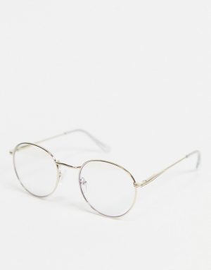 ASOS DESIGN round glasses in gold metal with bluelight lens-Clear ASOS DESIGN round glasses in gold metal with bluelight lens-Clear