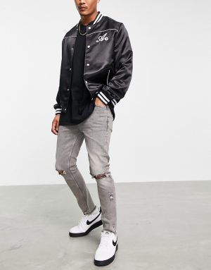 ASOS DESIGN skinny jeans with rips and raw hem in washed gray-Grey ASOS DESIGN skinny jeans with rips and raw hem in washed gray-Grey