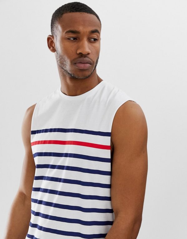 ASOS DESIGN sleeveless tshirt with navy and red stripeWhite The Fashionisto