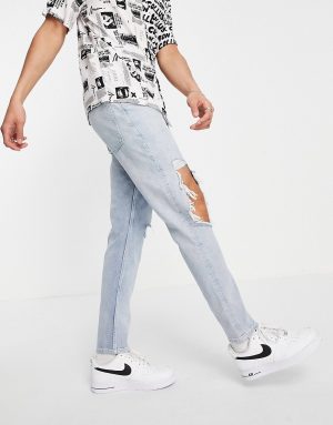 ASOS DESIGN slim jeans with knee rips in vintage light wash blue-Blues ASOS DESIGN slim jeans with knee rips in vintage light wash blue-Blues