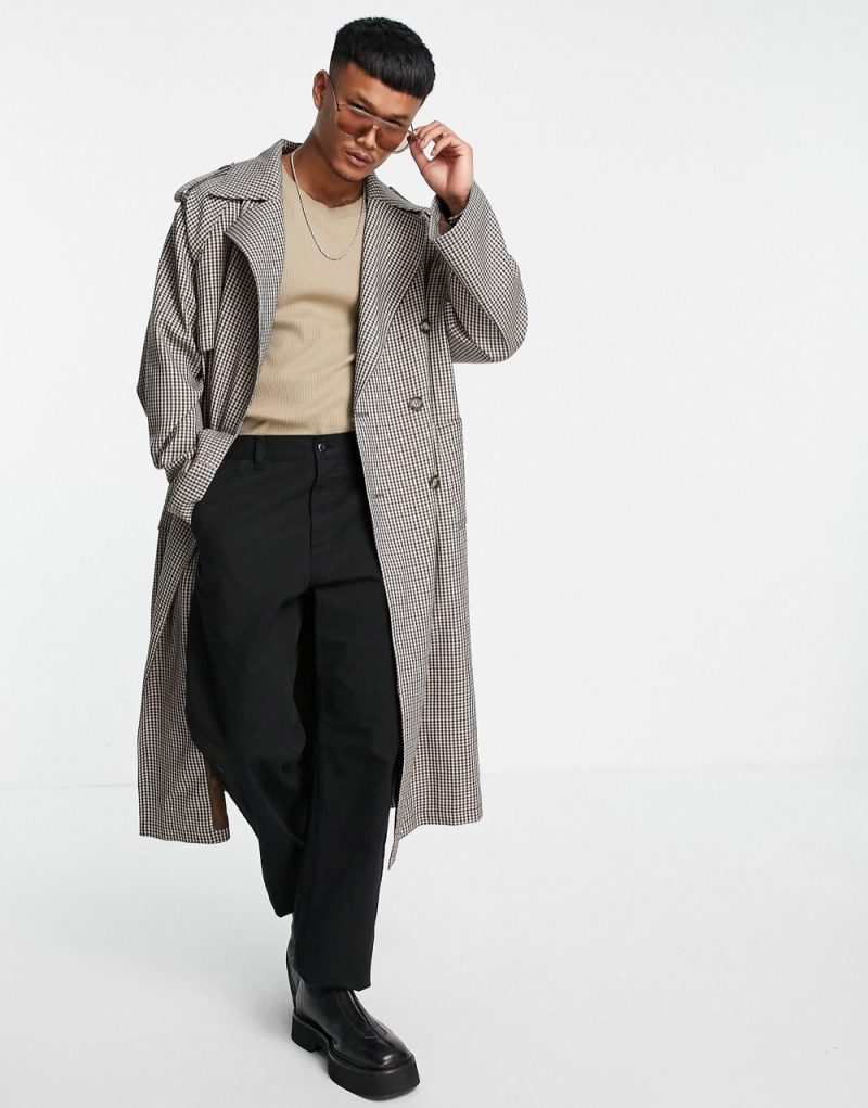 ASOS Design Longline Oversized Double-Breasted Check Trench Coat