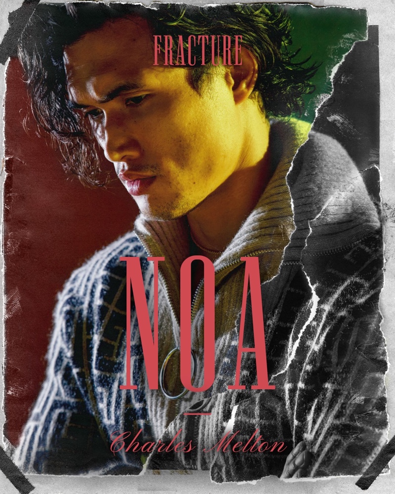 Character poster for Charles Melton as Noa in the new Balmain x Channel 4 original series Fracture.