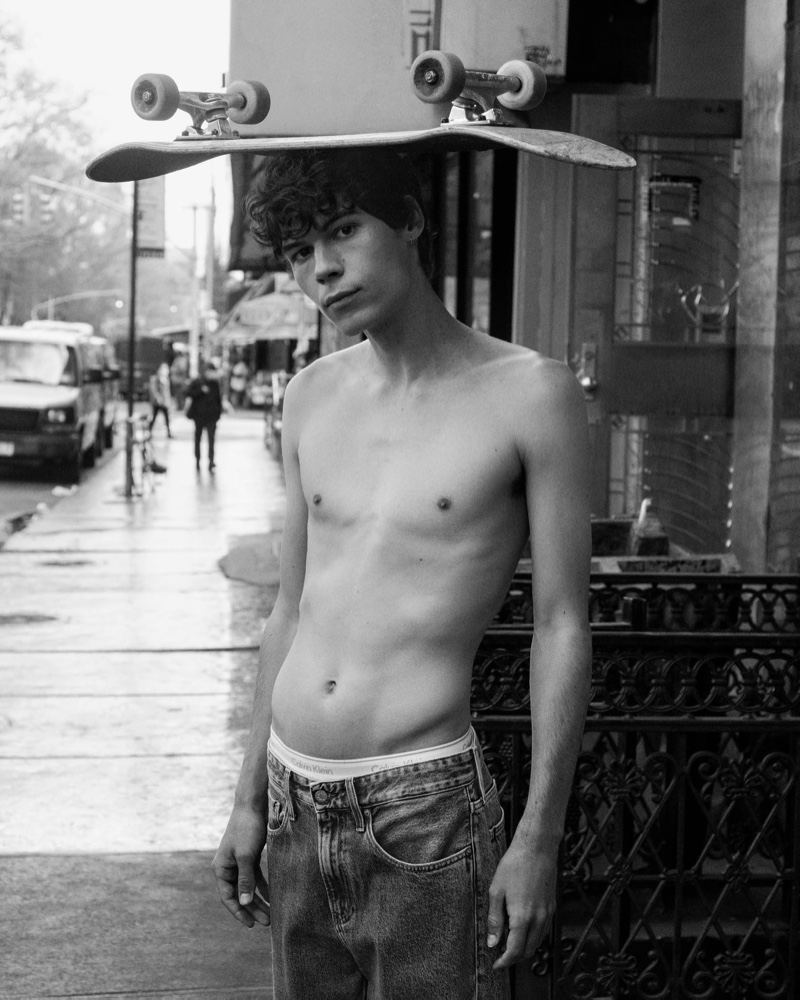 Posing with a skateboard, Tyler Blue Golden fronts Calvin Klein's fall 2021 men's underwear campaign.