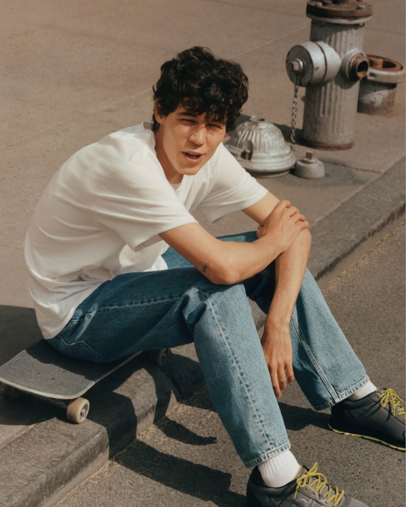 Embracing a casual skater boy attitude, Tyler Blue Golden stars in Calvin Klein's fall 2021 men's campaign.