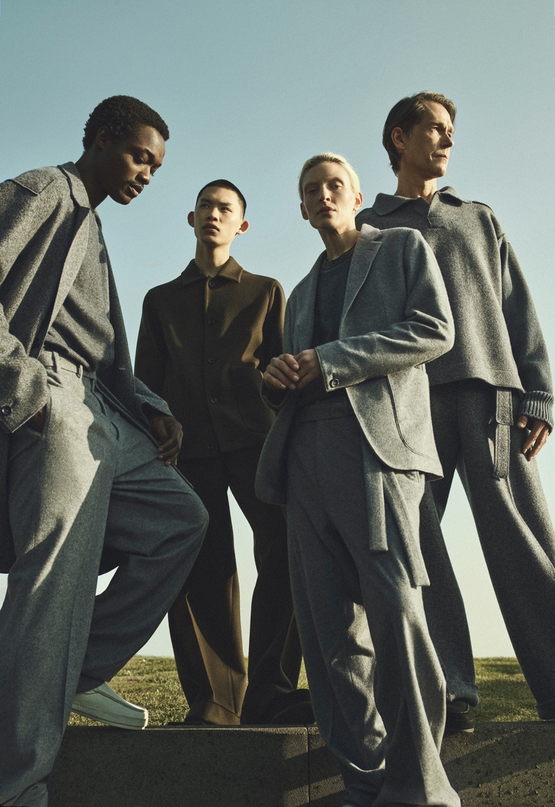 Jon Bronxl, Yura Nakano, Maggie Maurer, and Ingo Sliwinski front Ermenegildo Zegna's fall-winter 2021 campaign.