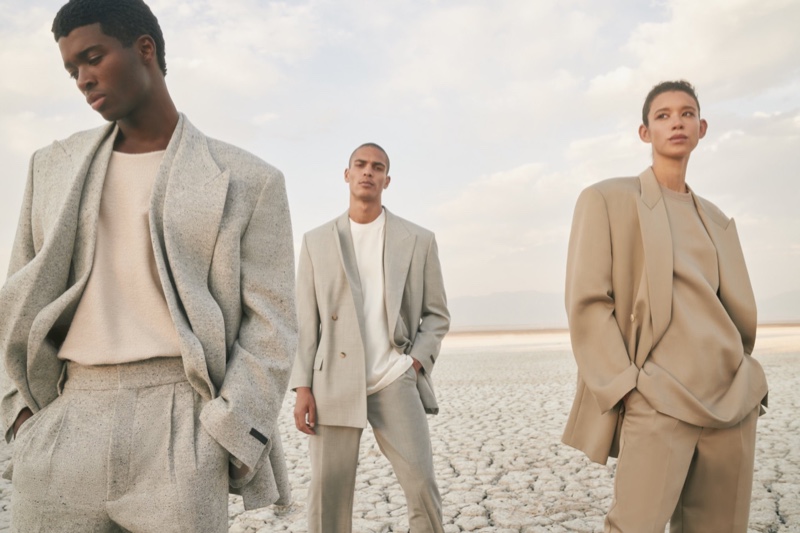Models Alton Mason, Geron McKinley, and Dilone appear in Fear of God's fall-winter 2021 campaign.