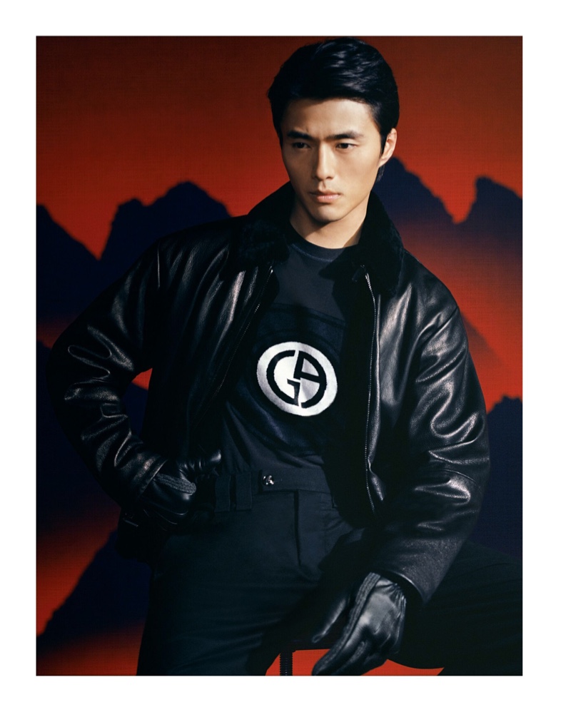 Donning a modern look with a leather bomber jacket, Zhao Lei appears in Giorgio Armani's fall-winter 2021 men's campaign.