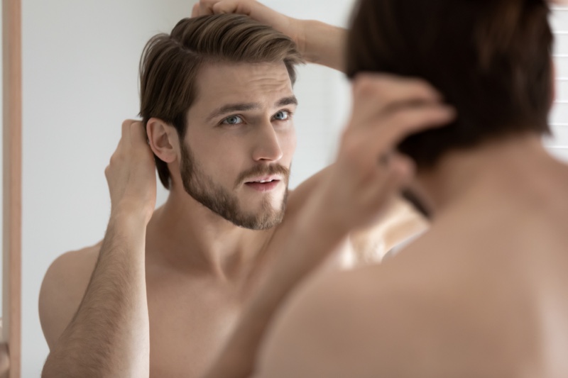 Handsome Man Checking Skin Hair Mirror
