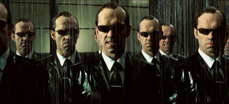 Hugo Weaving terrifies as the dapper Mr. Smith in 2003's The Matrix Revolutions. And if you're wondering how to pinpoint how serious he and his clones are about style, take note of their tie clips.