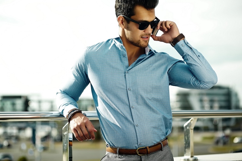 Male Model Blue Button Up Shirt Phone