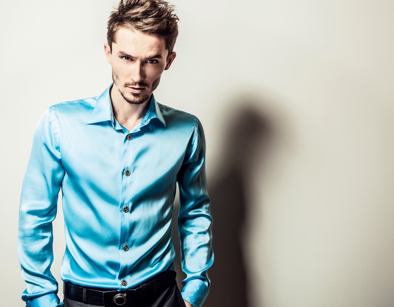 Male Model Blue Silk Shirt