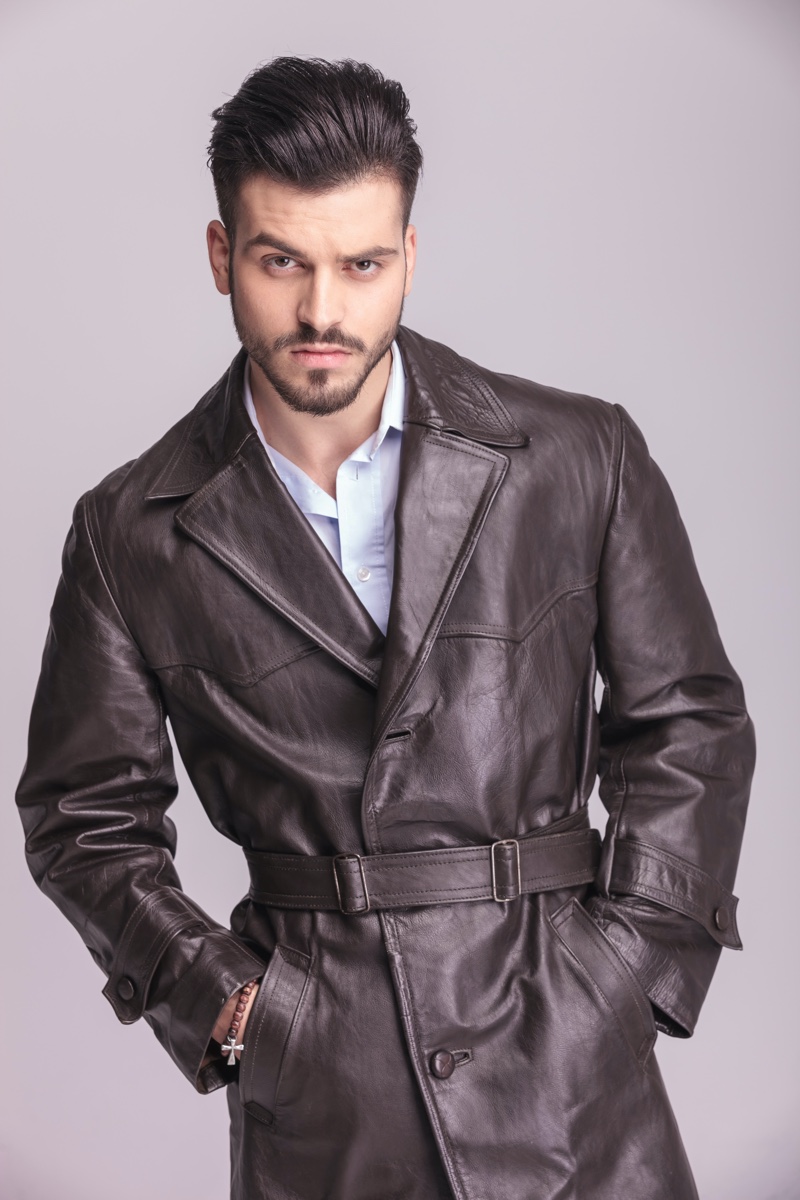 Male Model Leather Belted Coat