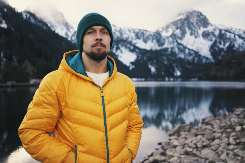 Man Puffer Jacket Beanie Outdoors Cold Weather Man Puffer Jacket Beanie Outdoors Cold Weather