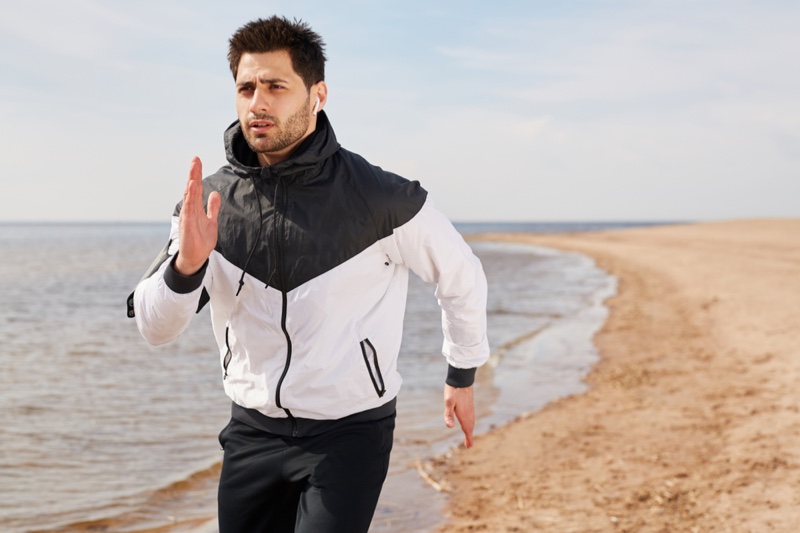 Man Running Beach Tracksuit Black White Jacket