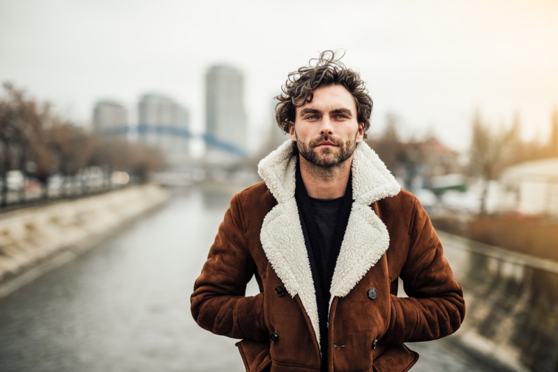 Man Shearling Brown Jacket Black Shirt