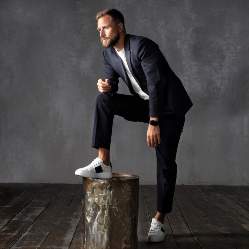 Man Suit and Sneakers No Tie