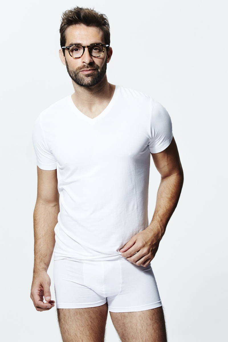 Man V Neck Shirt White Boxers Glasses