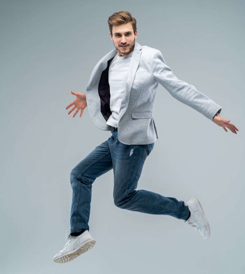 Man Wearing White T-Shirt Blazer Jeans