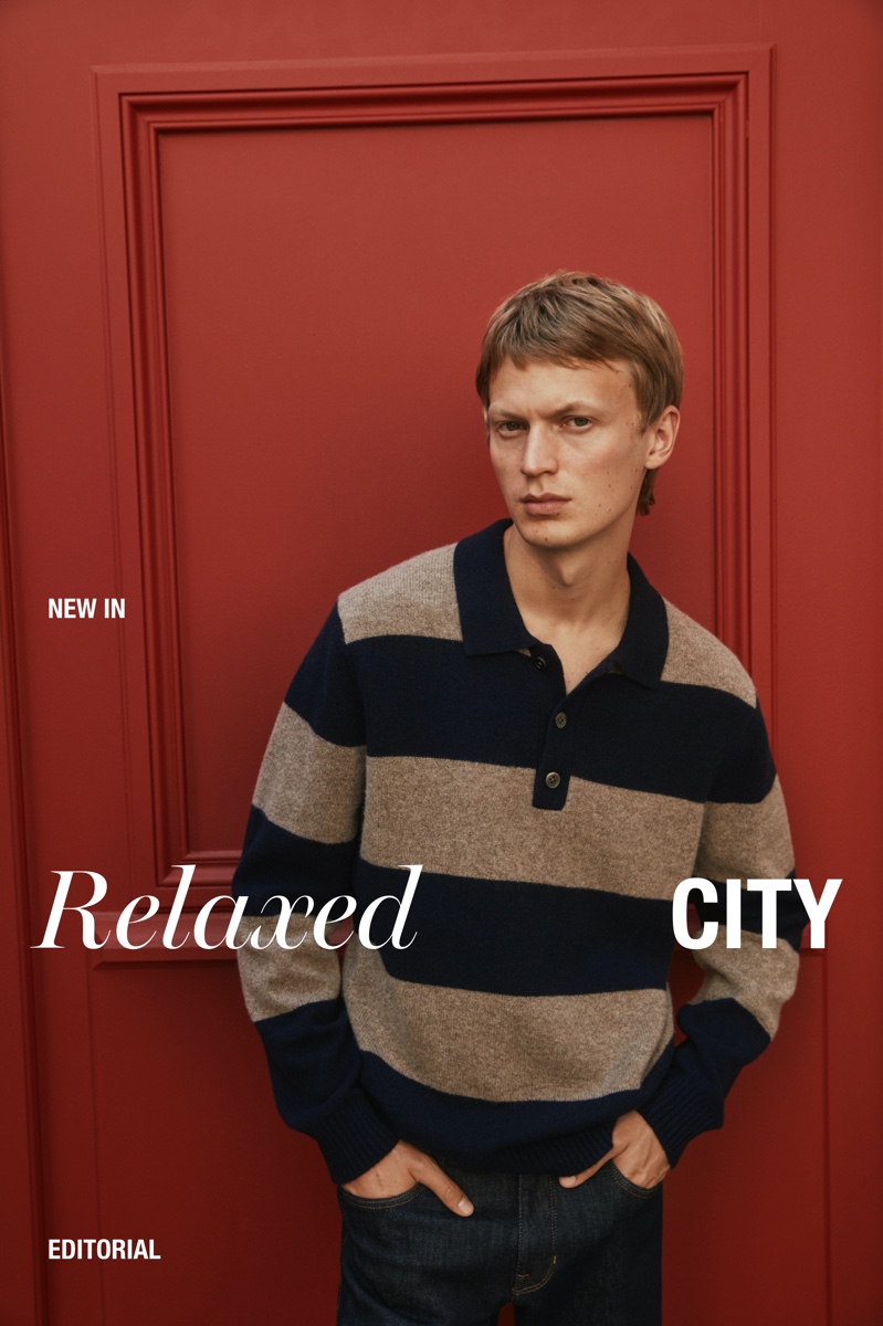 Jonas Glöer dons a rugby-style knit polo for a new Massimo Dutti editorial.