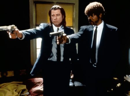 John Travolta and Samuel L. Jackson star in 1994's iconic Pulp Fiction. A famous image in pop culture, the pair stands out in trim tailored black suits.