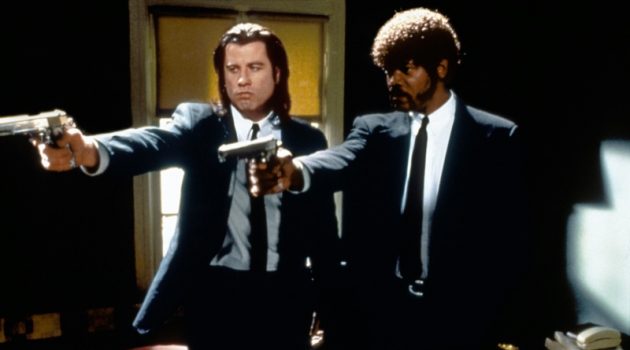 John Travolta and Samuel L. Jackson star in 1994's iconic Pulp Fiction. A famous image in pop culture, the pair stands out in trim tailored black suits.
