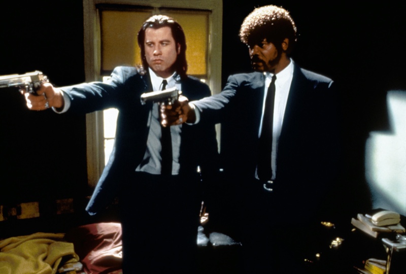 John Travolta and Samuel L. Jackson star in 1994's iconic Pulp Fiction. A famous image in pop culture, the pair stands out in trim tailored black suits. » The Classic Black Suit in Modern Cinema: From 'Pulp Fiction' to 'John Wick' John Travolta and Samuel L. Jackson star in 1994's iconic Pulp Fiction. A famous image in pop culture, the pair stands out in trim tailored black suits.