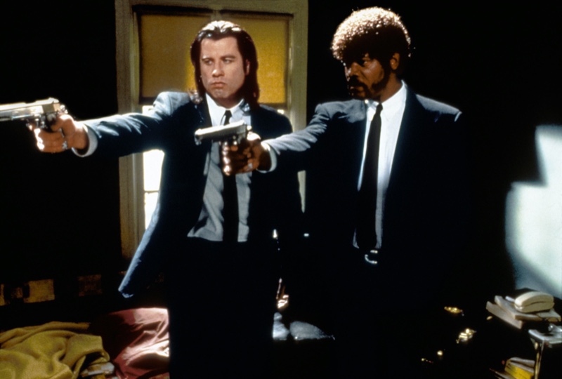 John Travolta and Samuel L. Jackson star in 1994's iconic Pulp Fiction. A famous image in pop culture, the pair stands out in trim tailored black suits.