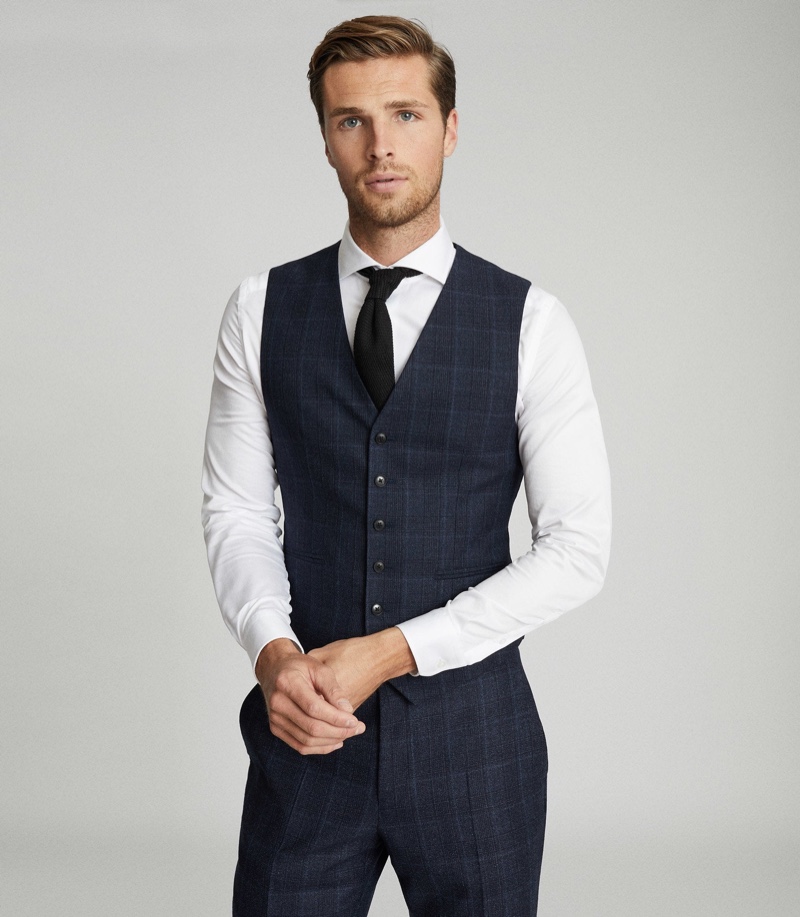 Reiss Mens Wool Checked Indigo Waistcoat