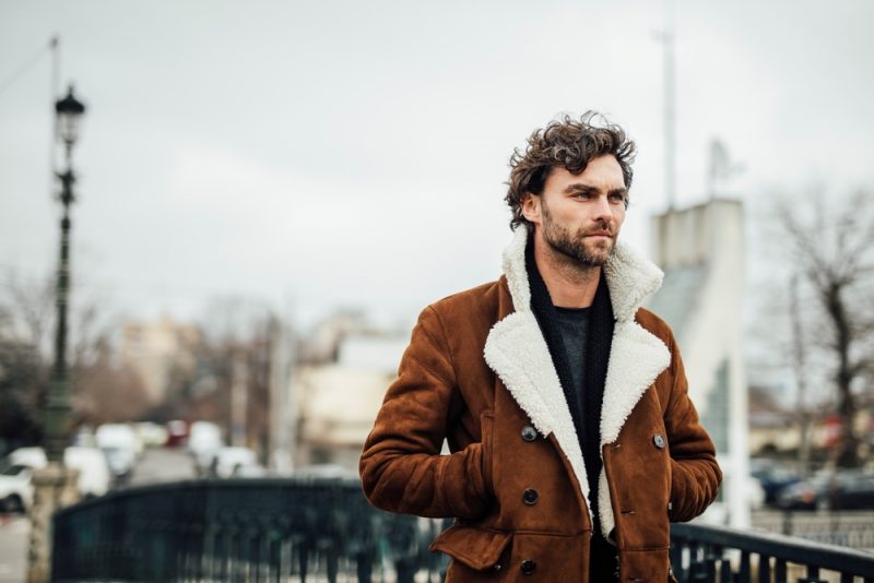 Rugged Man Brown Shearling Coat Outside