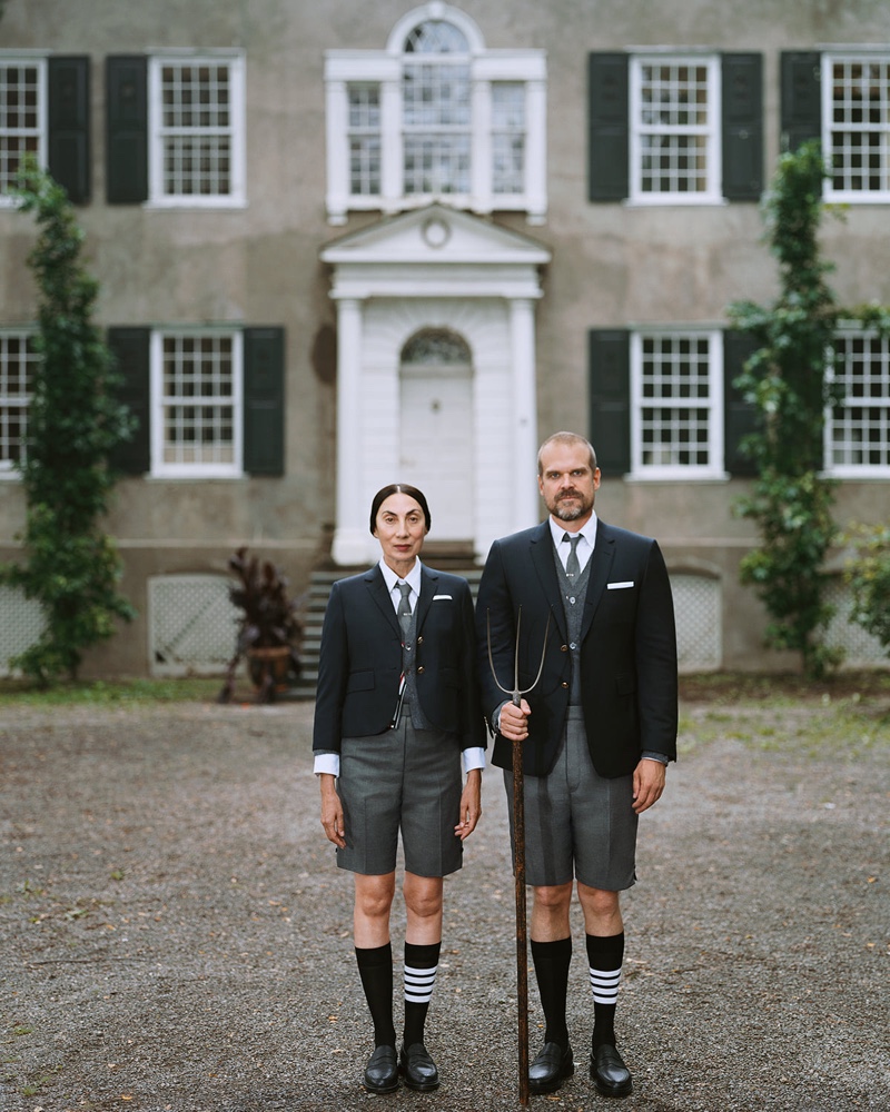 Posing outside Teviotdale, Anh Duong and David Harbour wear Thom Browne.