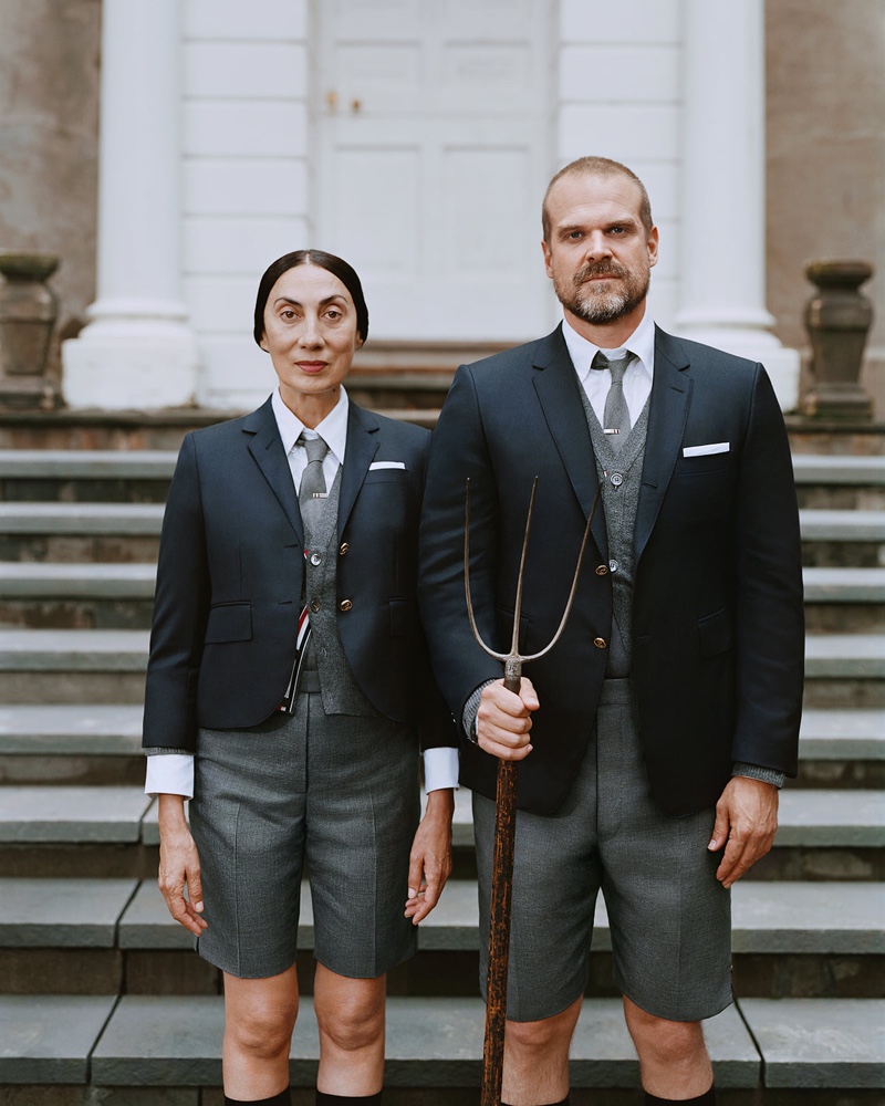 Anh Duong and David Harbour star in a fall 2021 portfolio for Thome Browne.