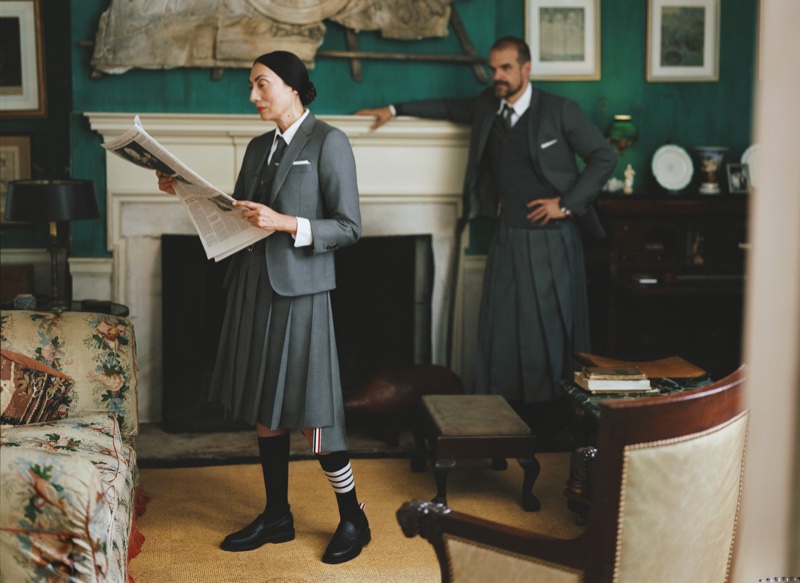 Thom Browne enlists Anh Duong and David Harbour to star in a new portfolio for fall.